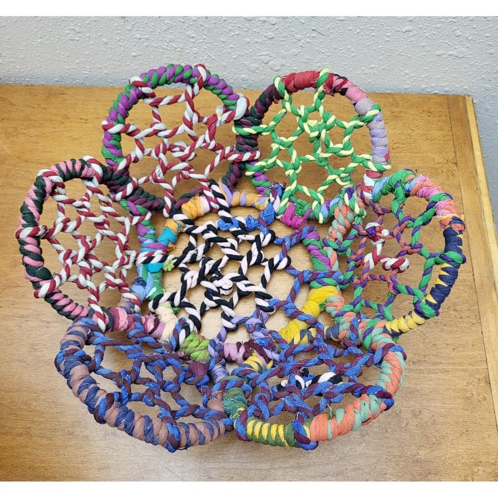 Vtg ‎ Wrapped Twisted Fabric Flower Basket Open Weave Fishermen Net Style Boho